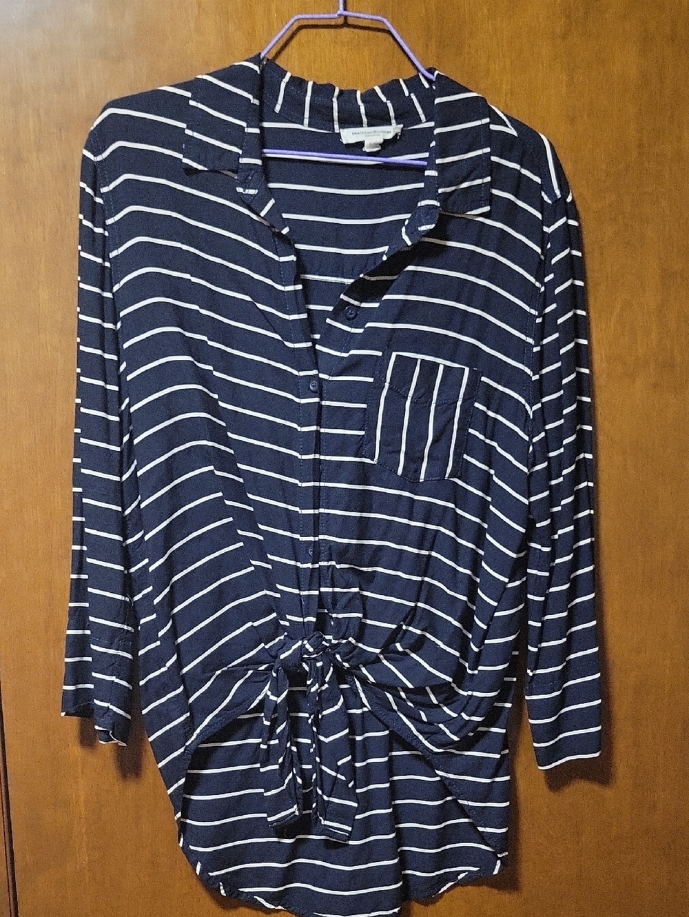 Beachlunchlounge Navy White Stripe Button Tie Front 3/4 Sleeve Blouse L